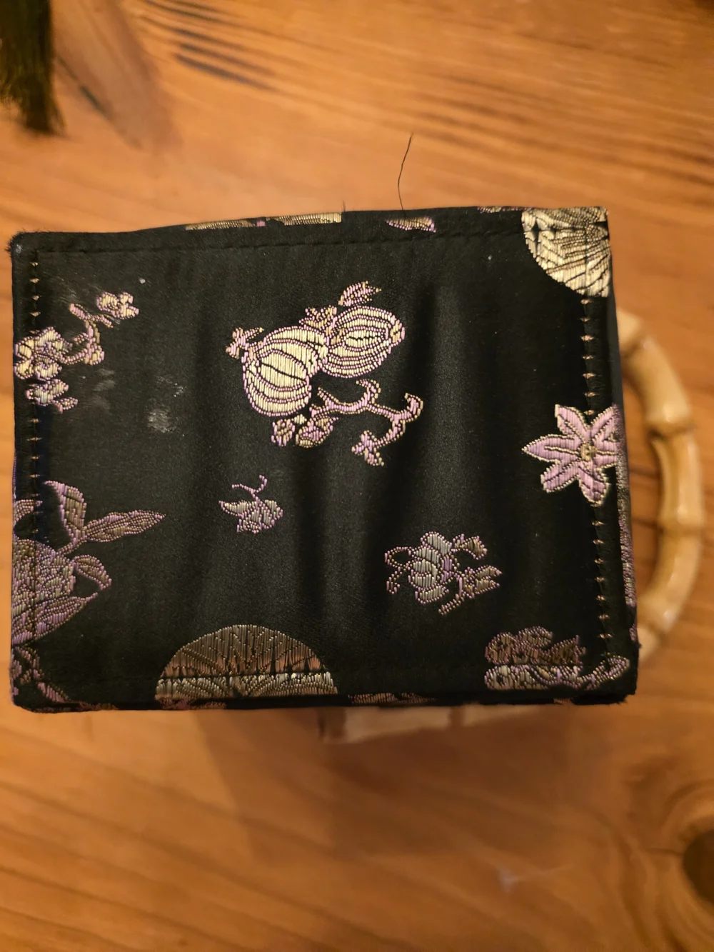 Black Floral Satchel with Bamboo Handle